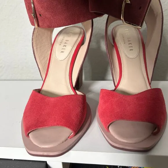 Ted Baker Thaise Suede Leather Sandals Block Heel Pink Size 8 Ankle Strap Baddie