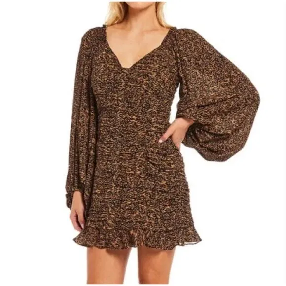 TED BAKER Wyatte Ruched Balloon Sleeve Mini Dress Tiger Animal Print {O52}