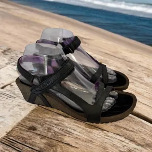 TEVA Leather Wedge Shoes, Women's Size 9, Black, Velcro Ankle Strap, Open Toe