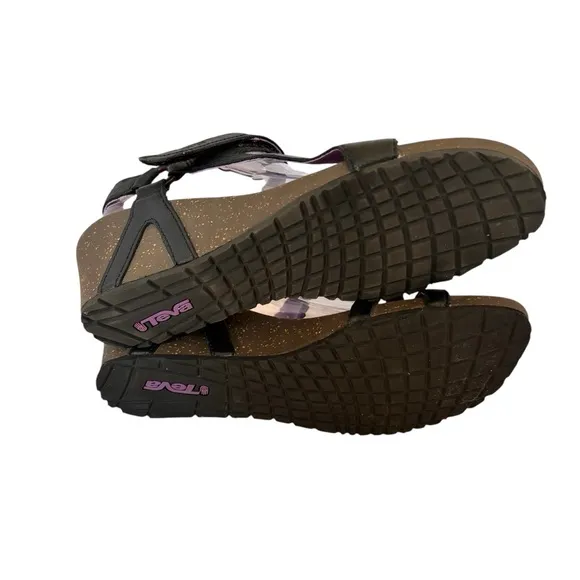 TEVA Leather Wedge Shoes, Women's Size 9, Black, Velcro Ankle Strap, Open Toe