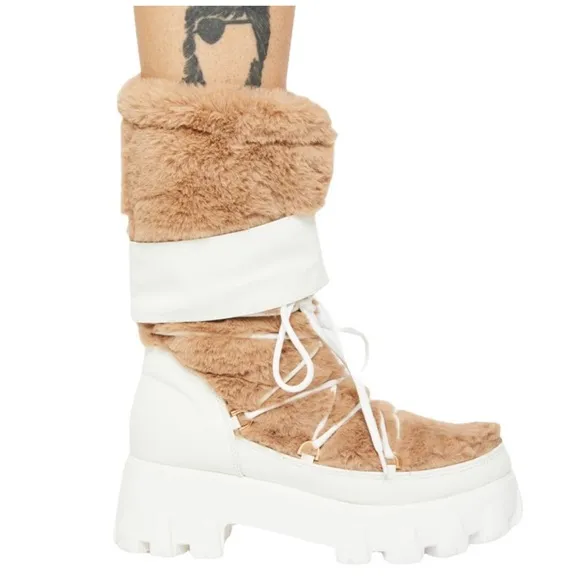 Teyanna Winter White Vegan Leather &amp; Fur Moon Boots