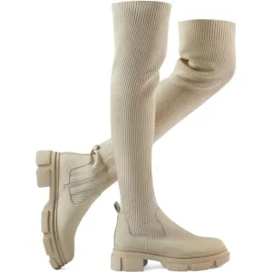 Thigh High Boots Round Toe Mid Chunky Heel Stretch Over the Knee Boots f…