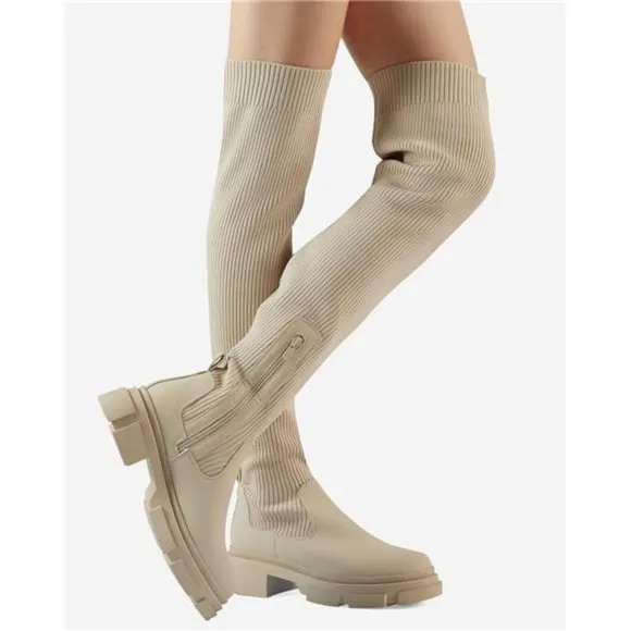 Thigh High Boots Round Toe Mid Chunky Heel Stretch Over the Knee Boots f…