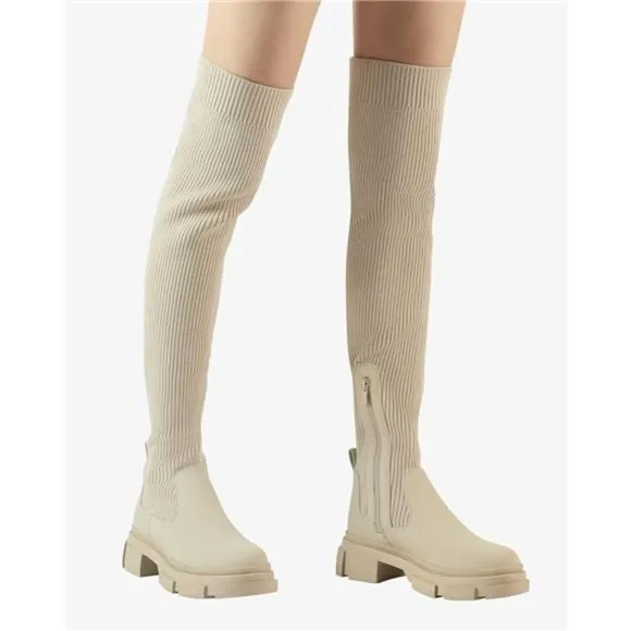 Thigh High Boots Round Toe Mid Chunky Heel Stretch Over the Knee Boots f…