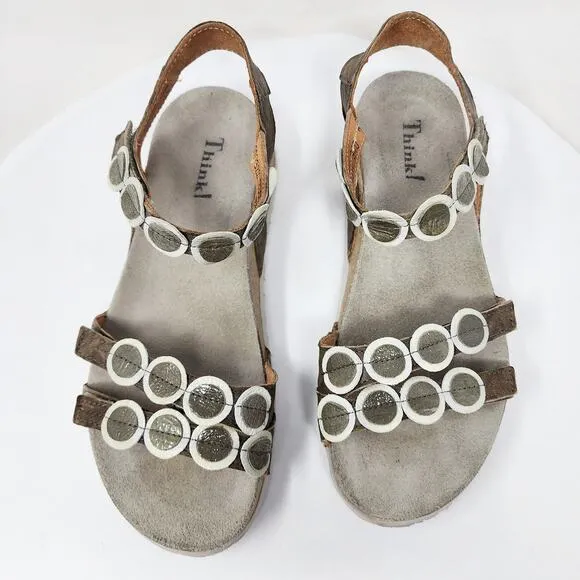 Think! Koak Sandals Women EU40/US9.5 Brown White Gold Leather Circles Comfort