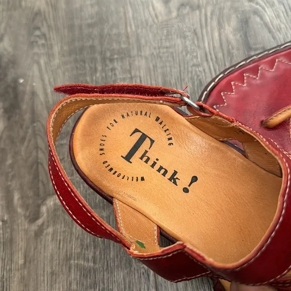 Think! sandals, EUC, Size 7, red, Velcro back strap, 2” heel, comfort walk