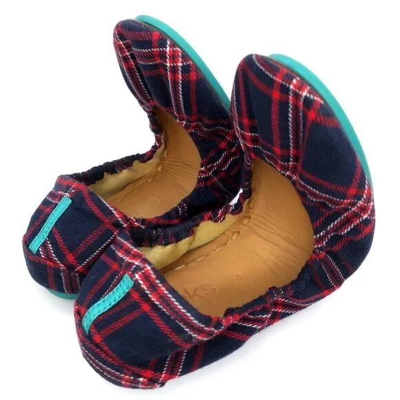 Tieks Ballet Flats Heritage Plaid Slip-on Travel Round Toe Red Blue Foldable 8M
