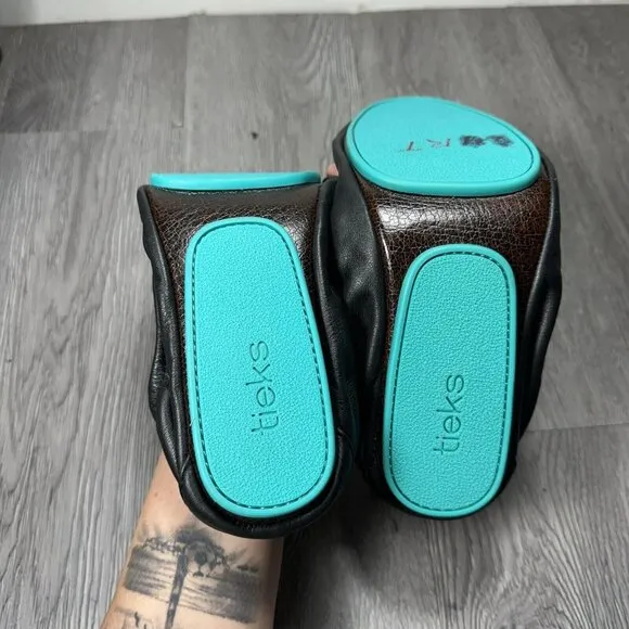 Tieks Chestnut Black Leather Ballet Flats Womens 10 Foldable Comfort Slip On