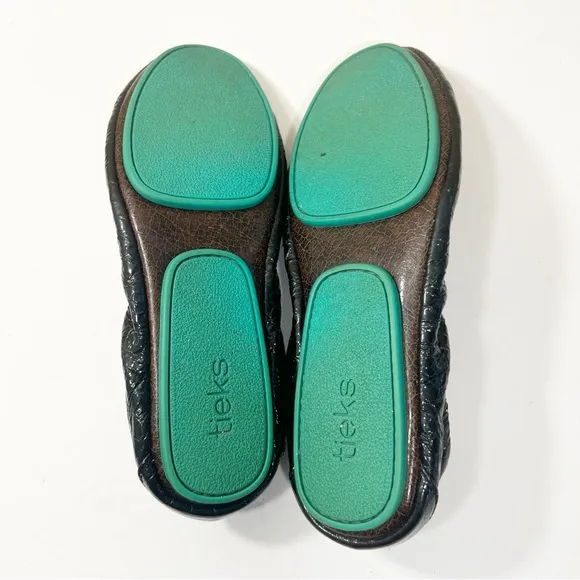 Tieks Obsidian Black Ballet Flats Croc Patent Leather Textured Foldable Size 7