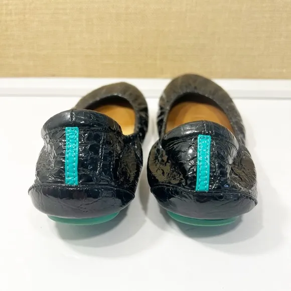 Tieks Obsidian Black Ballet Flats Croc Patent Leather Textured Foldable Size 7