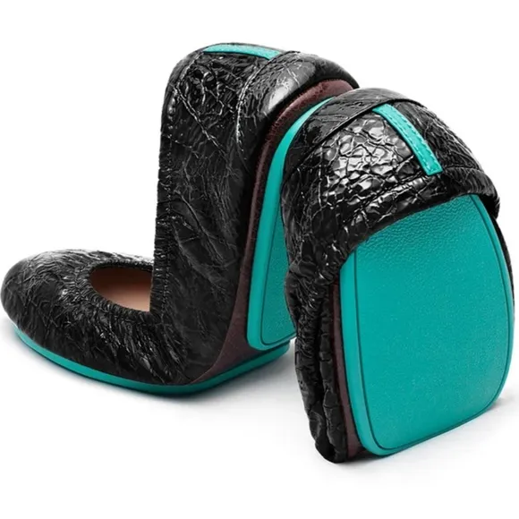 Tieks Obsidian Black Ballet Flats Croc Patent Leather Textured Foldable Size 7