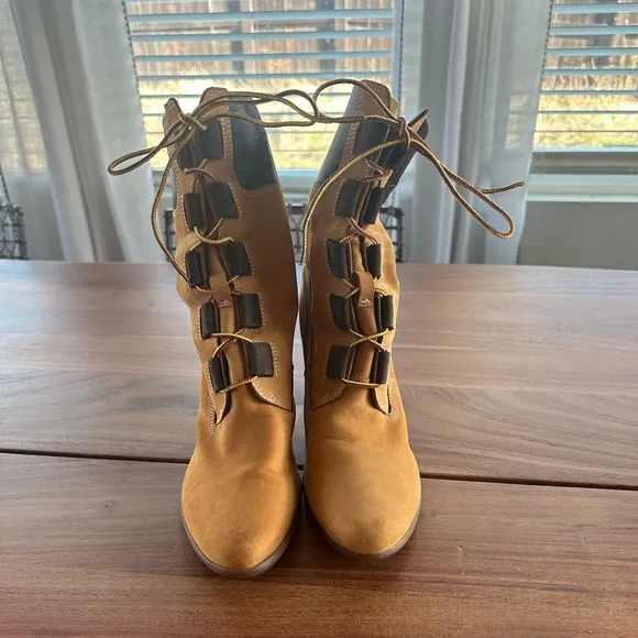 Timberland Genuine Leather Suede Round Heeled Lace Up Mid Calf Boots Wheat Tan