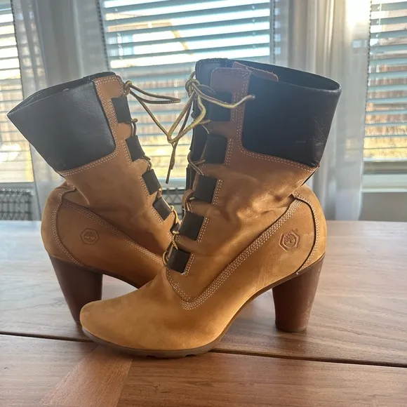 Timberland Genuine Leather Suede Round Heeled Lace Up Mid Calf Boots Wheat Tan