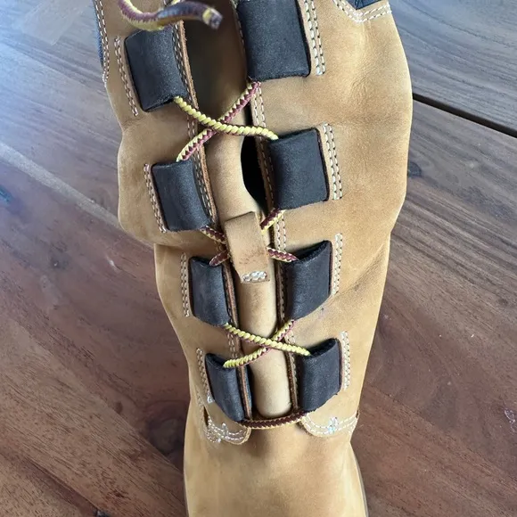 Timberland Genuine Leather Suede Round Heeled Lace Up Mid Calf Boots Wheat Tan