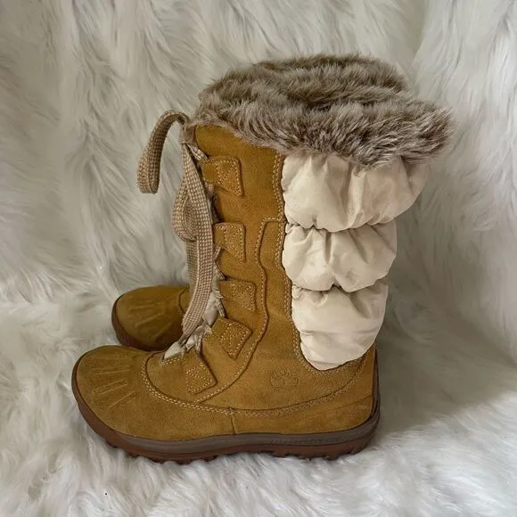Timberland wheat leather suede &amp;beige nylon lace up Mid calf boots  SZ8.5M