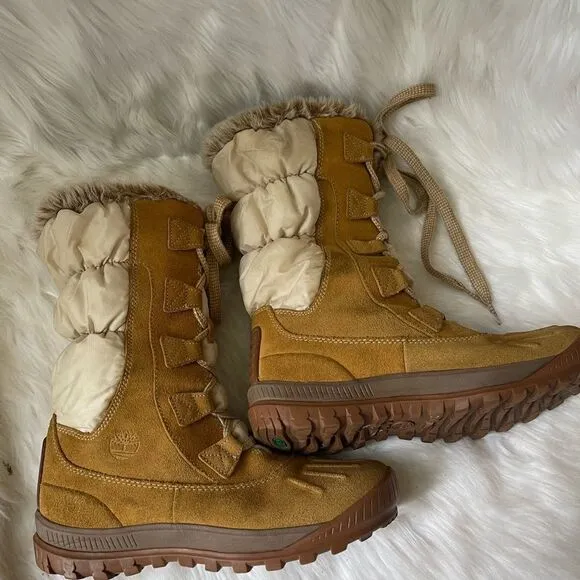 Timberland wheat leather suede &amp;beige nylon lace up Mid calf boots  SZ8.5M