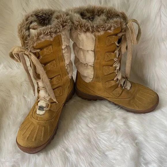 Timberland wheat leather suede &amp;beige nylon lace up Mid calf boots  SZ8.5M