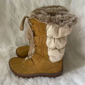 Timberland wheat leather suede &amp;beige nylon lace up Mid calf boots  SZ8.5M