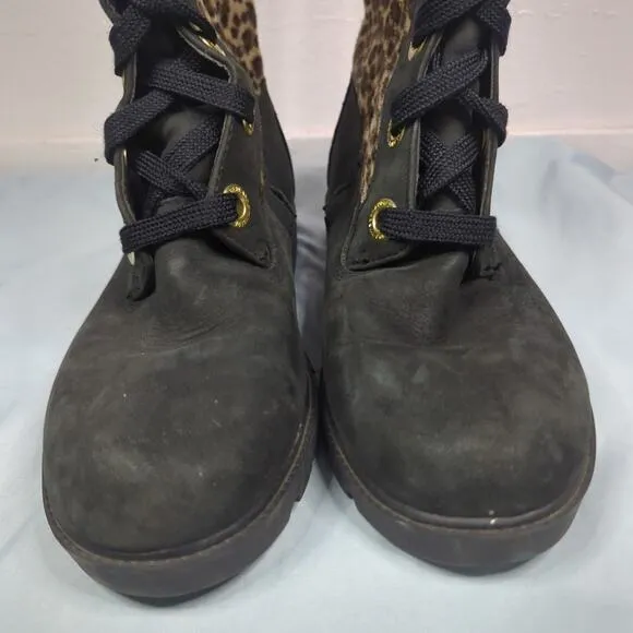 Timberland Womens Mid Calf Leather Black Cheetah Print Boots Womens Size 6