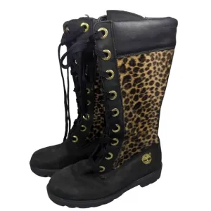 Timberland Womens Mid Calf Leather Black Cheetah Print Boots Womens Size 6