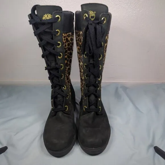 Timberland Womens Mid Calf Leather Black Cheetah Print Boots Womens Size 6