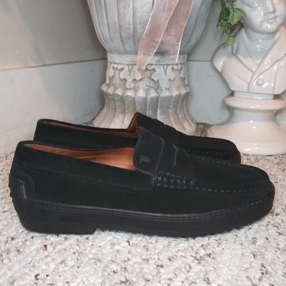 Tod's Black Suede Men's Vibram Sole Penny Loafer Style Driving Shoes