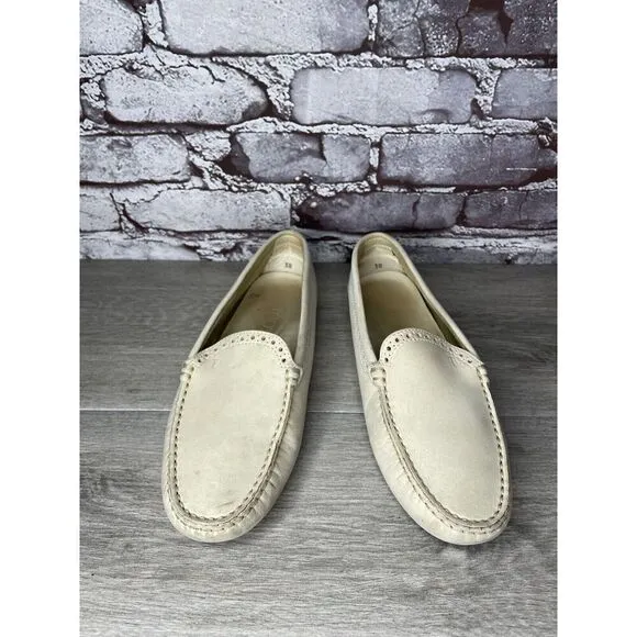 TOD'S Ivory Off White Suede Leather Moc Loafers Driving Shoes Women Sz 38EU/7.5M