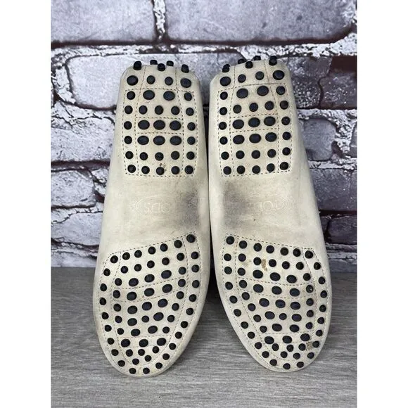 TOD'S Ivory Off White Suede Leather Moc Loafers Driving Shoes Women Sz 38EU/7.5M