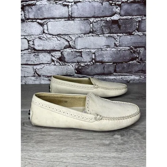 TOD'S Ivory Off White Suede Leather Moc Loafers Driving Shoes Women Sz 38EU/7.5M