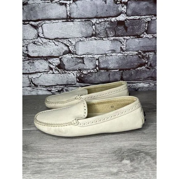 TOD'S Ivory Off White Suede Leather Moc Loafers Driving Shoes Women Sz 38EU/7.5M