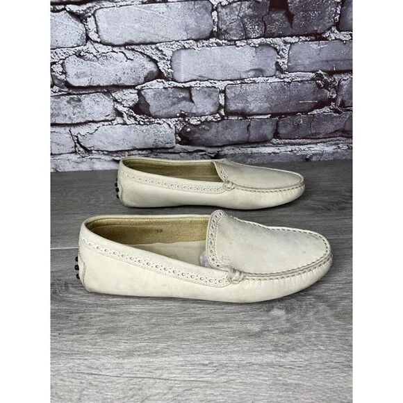 TOD'S Ivory Off White Suede Leather Moc Loafers Driving Shoes Women Sz 38EU/7.5M