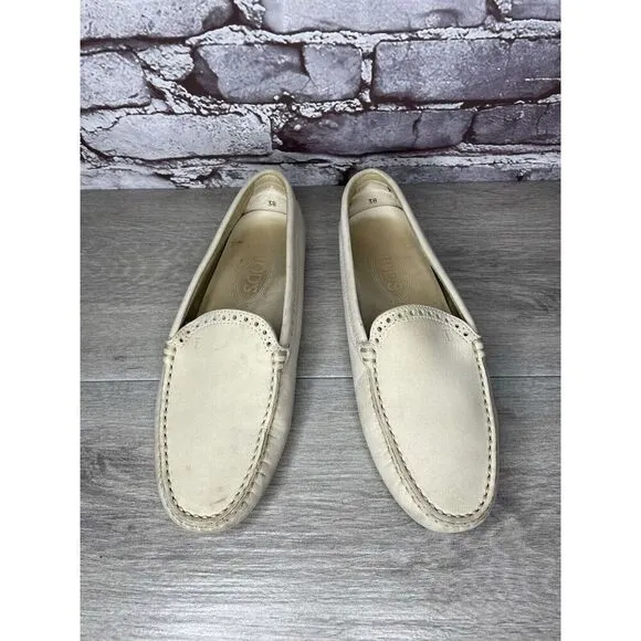 TOD'S Ivory Off White Suede Leather Moc Loafers Driving Shoes Women Sz 38EU/7.5M
