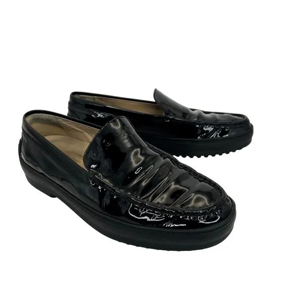 Tod's Patent Leather Loafers Black Slip On Vibram Sole Driving Moccasin Women 7