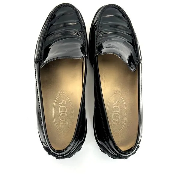 Tod's Patent Leather Loafers Black Slip On Vibram Sole Driving Moccasin Women 7