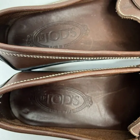 TODS Penny Loafers Size 7.5 Leather Driving Moccasins Dark Brown Slip On Flat