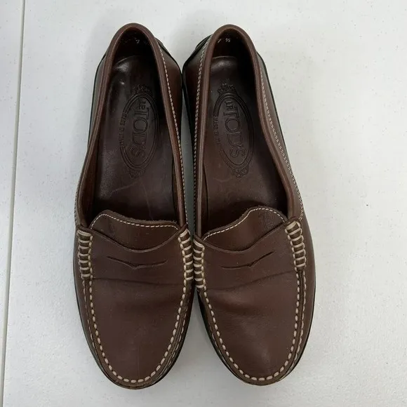 TODS Penny Loafers Size 7.5 Leather Driving Moccasins Dark Brown Slip On Flat