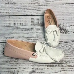 Tod's Pink White Leather Penny Loafers Size 37 Driver Loafer Designer