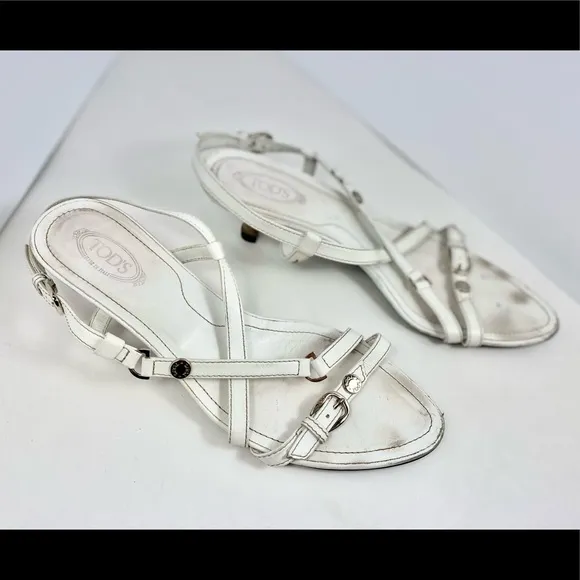 Tod’s White Leather Strap Kitten Heel Sandals 100% AUTHENTIC Sz 38 Euro 🇮🇹