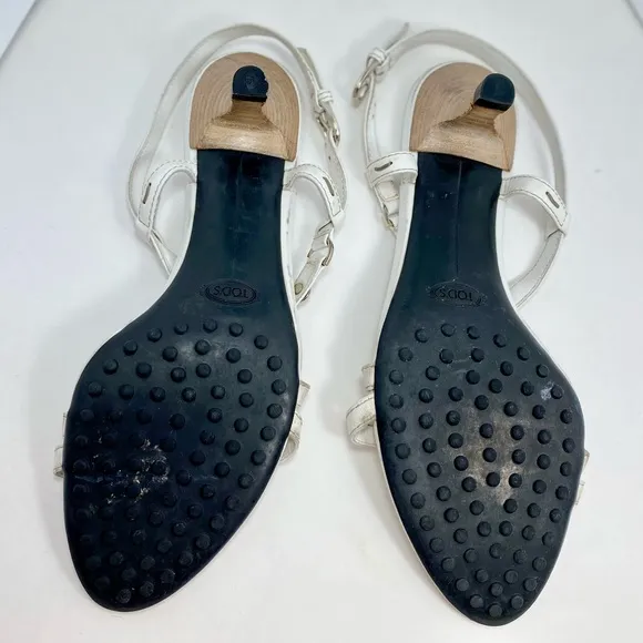 Tod’s White Leather Strap Kitten Heel Sandals 100% AUTHENTIC Sz 38 Euro 🇮🇹