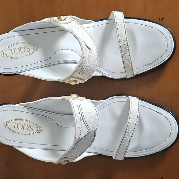Tod's White Pebble Leather Open Toe Slide Heel Mule Sandals Size 8.5