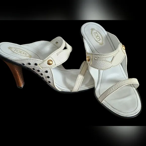Tod's White Pebble Leather Open Toe Slide Heel Mule Sandals Size 8.5