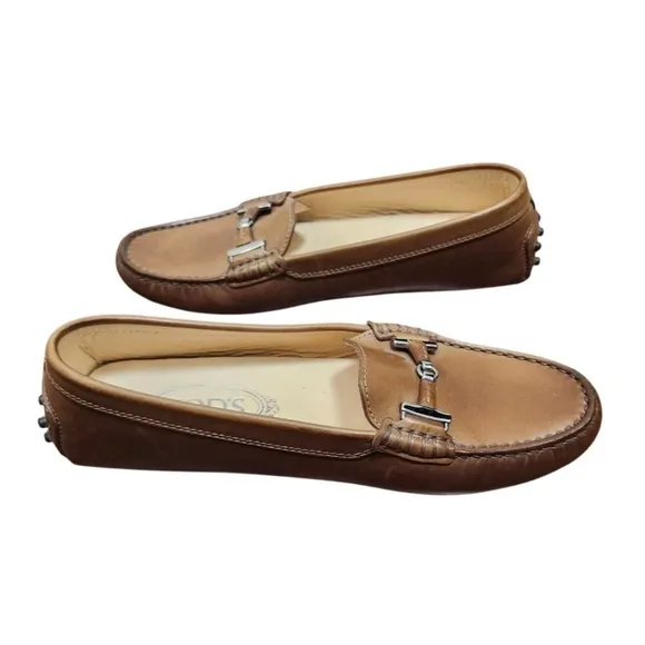 TOD’S Women's  Driving Loafers Brown Size EU 37.5US 7.5 Silver Hardware Slip-on.