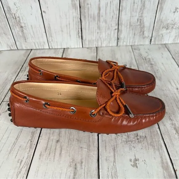 Tod's Women’s Brown Leather Gommino Bow Slip On Driving Loafers Size 34 PRISTINE