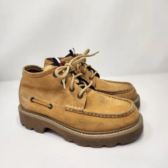 Tommy Hilfiger Mens Chukka Lug Trail Boots Size 8 M Tan Leather Logo Lace Up Y2K