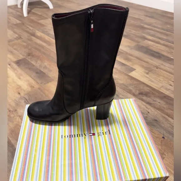 Tommy Hilfiger, Tommy Girl Black Mid Calf Stacked Heel Boots NWT Size 10