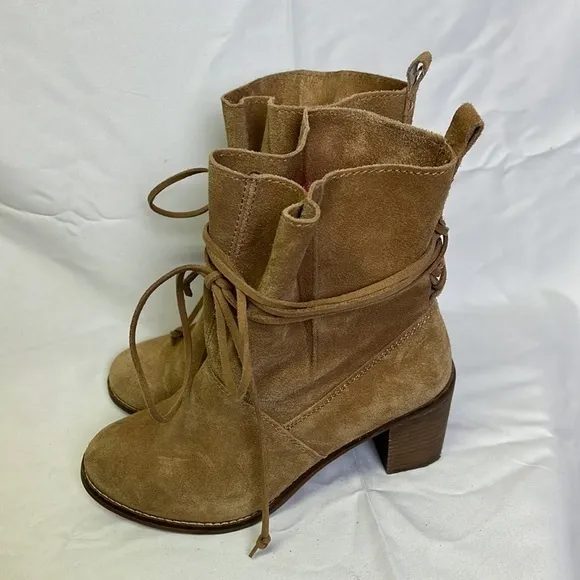 Toms‎ Brown Suede Tie Square Heeled Ankle Booties/Boots Womens Size 7