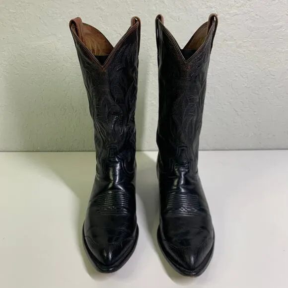 TONY LAMA Boots Vintage 9.5 D Black Cowboy Calf Leather w/Lizard‎ Wingtip CY3505