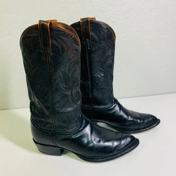 TONY LAMA Boots Vintage 9.5 D Black Cowboy Calf Leather w/Lizard‎ Wingtip CY3505