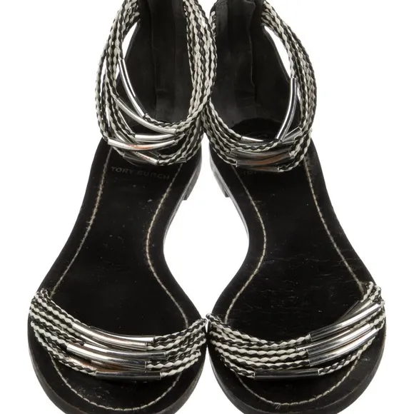 Tory Burch Black and White Sandals with Ankle Strap