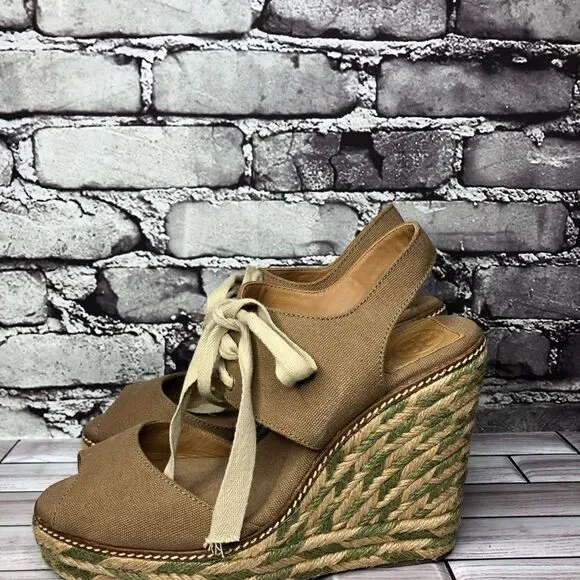 Tory Burch Brown Canvas Textile Green Tan Espadrilles Wedge Women Sz 10M US/41EU